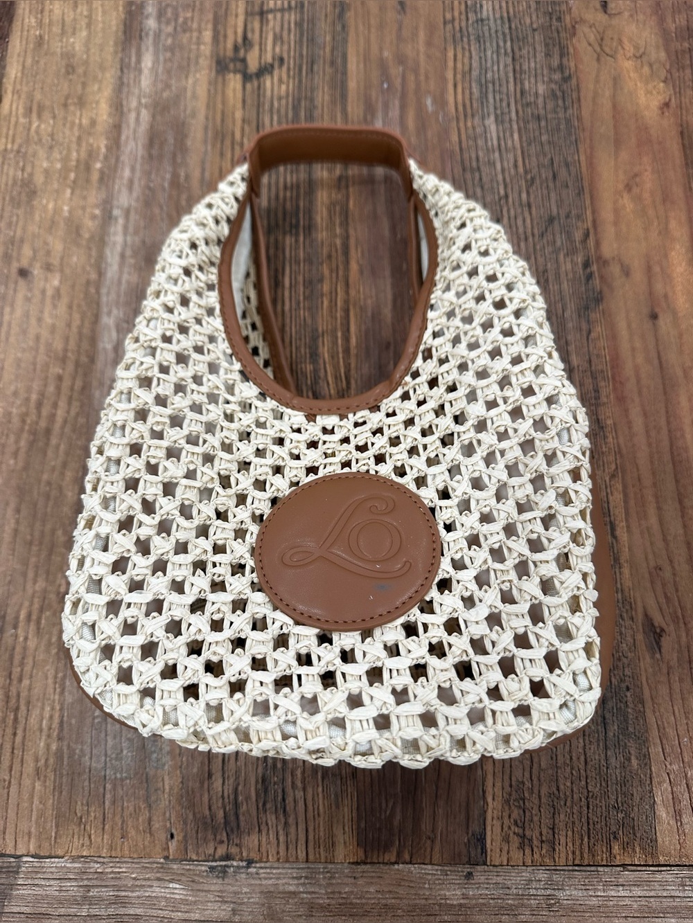 L'OCCITANE Cream Woven Shoulder Bag with Tan Leather Accents